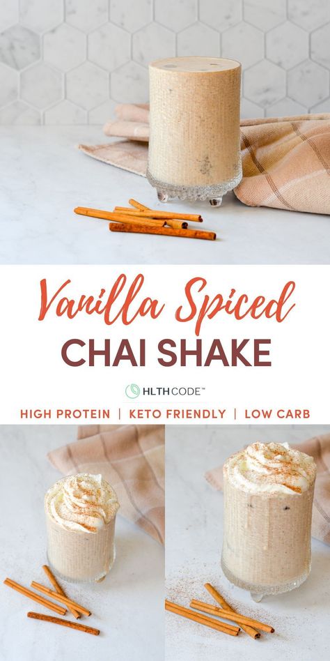 Chai Tea Protein Smoothie, Iced Chai Protein Shake, Vanilla Chai Protein Shake, Vanilla Protein Drink Recipes, Chai Tea Protein Shake, Fall Protein Shakes, Protein Chai Tea Latte, Chai Protein Smoothie, Chai Protein Shake