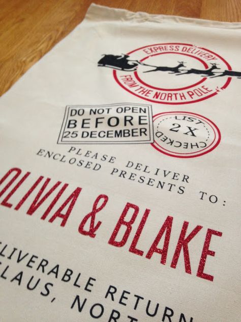 Close up of santa sack olivia and blake Vinyl Projects Silhouette, Heat Transfer Vinyl Projects, Silhouette School Blog, Santa Sacks, Personalised Santa Sacks, Silhouette School, Delivery Bag, Christmas Sack, Santa Stocking