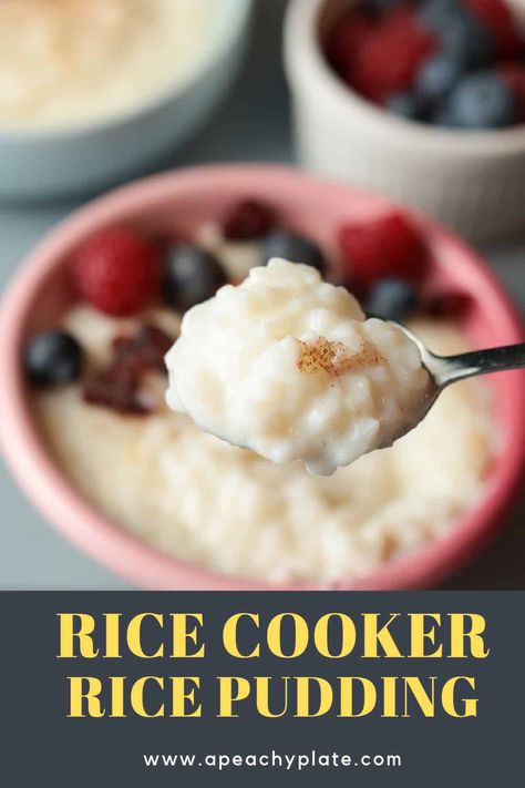 This smooth, sweet and comforting rice pudding is made in the rice cooker for effortless cooking! Made with just 4 simple ingredients: rice, milk, sugar and salt! Enjoy it for breakfast, dessert or snack time with your favorite toppings! Get the recipe on www.apeachyplate.com Rice Cooker Recipes Dessert, Rice Cooker Rice Pudding, Rice Maker Recipes, Rice Pudding Recipe Easy, Vegan Rice Pudding, Rice Cooker Rice, Homemade Rice Pudding, Easy Rice Pudding, Brown Rice Pudding