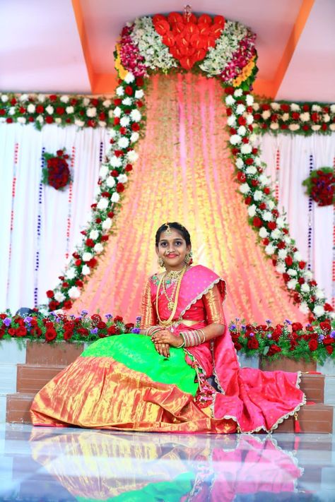 Half Saree Function Photoshoot Poses, Off Saree Function Stills, Half Saree Function Stills Indoor, Half Saree Stills Indoor, Saree Function Stills, Funny Wedding Poses, Saree Ceremony, Saree Pose, Saree Function