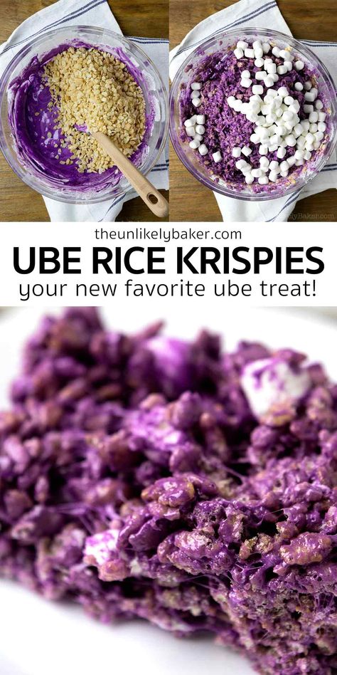 Purple Sweet Treats, Purple Rice Crispy Treats, Purple Food Recipes, Purple Snacks For Color Party, Easy Ube Recipes, Ube Marshmallows, Ube Powder Recipes, Purple Food Ideas Snacks, Easy Filipino Desserts