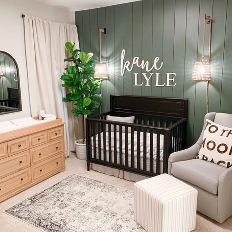 Olive Green Wood Accent Wall, Green Black White Nursery, Olive Green Nursery Wall, Dark Green And Cream Nursery, Pewter Green Sherwin Williams Nursery, Olive Green And Black Nursery, Green Nursery Wall Color, Sage And Black Nursery, Olive Green Accent Wall Nursery