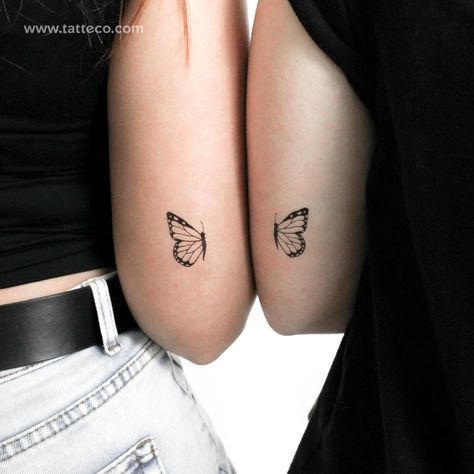 Matching half butterflies temporary tattoos. Nº of tattoos 3+3 Size 1.3 in / 3.4 cm (height) Matching Set Tattoos, Sister Tattoos For 2 Butterflies, Butterfly Tattoo Two People, Stacked Butterfly Tattoo, In Loving Memory Butterfly Tattoos, Butterfly Tattoo Couple, Half A Butterfly Tattoo, Matching Best Friend Butterfly Tattoos, Matching Sister Butterfly Tattoos