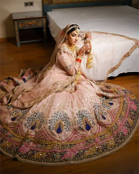 Pastel Bridal Lehenga, Latest Bridal Lehenga Designs, Beautiful Lehenga, Peacock Embroidery Designs, Peacock Motifs, Bridal Lehenga Designs, Latest Bridal Lehenga, Bridal Bun, Bridal Hairdo