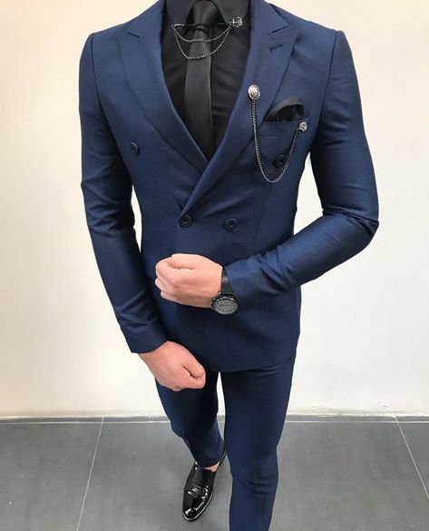 Dark Blue Vest Outfit Men, Black And Navy Blue Suit, Black And Blue Suits For Men, Black Suit With Blue Accents, Blue Suit Men Aesthetic, Dark Blue Prom Suit, Navy Blue Prom Suit, Best Suits For Men Classy, Prom Suits For Men Blue