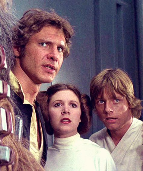 Han Solo, Leia Organa and Luke Skywalker. Star Wars Cast, Han And Leia, Star Wars Episode Iv, Star Wars Princess, Star Wars 1977, Junk Mail, Mark Hamill, Stars Wars, Original Trilogy