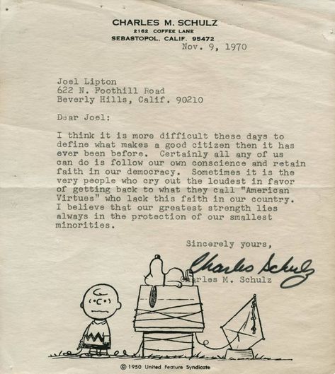 Charles Schulz's Letter About Democracy, Discovered 50 Years Later | KQED Arts Maria Shriver, Charles Schulz, Good Citizen, Fifth Grade, People Of The World, New Yorker, Charlie Brown, Beverly Hills, The Man