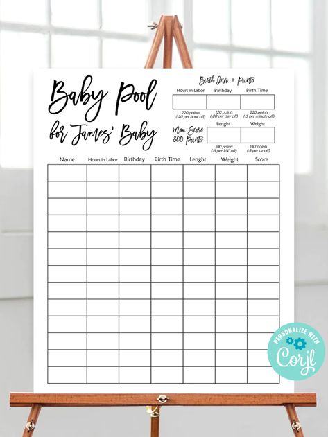 ★ This is a fun and original printable activity for your minimalist baby shower party. Make each guest predict the hours in labour, birthday, weight, lenght and birth time of the baby. After the baby is born, get together and sum up the points to know who's the winner: you will finally know who won the pool! Baby Shower Betting Games, Babyshowergames Free Printable, Simple Baby Shower Games Walmart, Nautical Baby Shower Boy Games, Baby Shower Prediction Cards, Baby Pool, Office Games, Pool Games, Minimalist Office