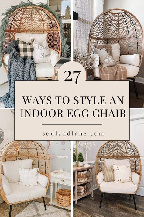 Unleash the potential of your indoor egg chair with creative styling tips that enhance your interior design. Whether it's part of your living room, bedroom, or home office, an egg chair can provide both a statement piece and a cozy retreat. Learn how to accessorize with plush pillows, soft blankets, and strategic lighting to make your egg chair the ultimate comfort zone. These ideas aim to inspire a fresh take on your home decor, ensuring your egg chair is not just a seat but a centerpiece. Egg Chair Corner Decor, Standing Egg Chair, Egg Chair Reading Corner, Bedroom Egg Chair Ideas, Reading Nook Egg Chair, Boho Egg Chair, Egg Chair Indoor, Egg Chair Living Room, Egg Chair Decoration Ideas