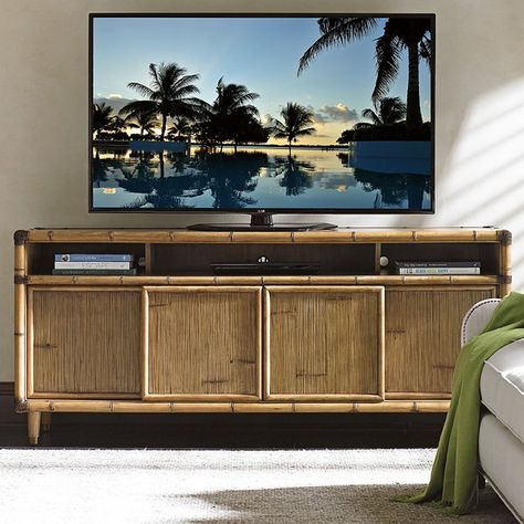 Tommy Bahama Home Twin Palms TV Stand for TVs up to 70" | Wayfair Wooden Media Console, Dimplex Electric Fireplace, Tv Stand Set, Bamboo Panels, Tommy Bahama Home, Home Entertainment Centers, Wood Tv Stand, Solid Wood Tv Stand, Cool Tv Stands