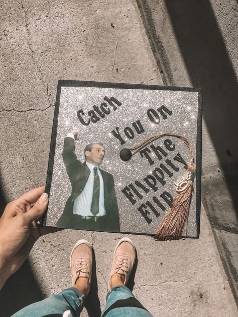 Ideas for The Office graduation cap.  Micheal Scott “Catch You On The Flippity Flip” Catch You On The Flippity Flip Grad Cap, The Office Graduation Cap Ideas, Fast And Furious Graduation Cap, Business Grad Cap Ideas, Graduation Cap The Office, Office Themed Graduation Caps, Punk Graduation Cap, Graduation Cap Designs The Office, Emo Grad Cap