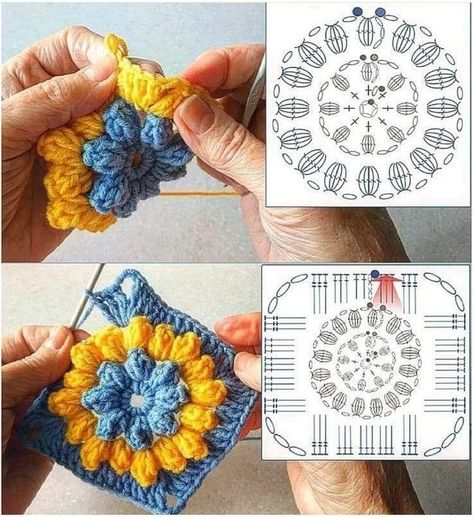 Crochet Flower Granny Square Pattern, Crochet Flower Squares, Squares Crochet, Poncho Crochet, Flowers Easy, Crochet Tutorial Pattern, Crochet Motif Patterns, Crochet Blocks, Crochet Stitches For Beginners