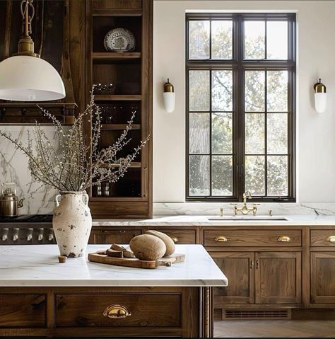 Walnut Stained Cabinets, Modern English Kitchen, French Contemporary Home, European Kitchen Design, Stained Cabinets, Stained Kitchen Cabinets, Arch Digest, Black Countertops, Beautiful Kitchen Designs