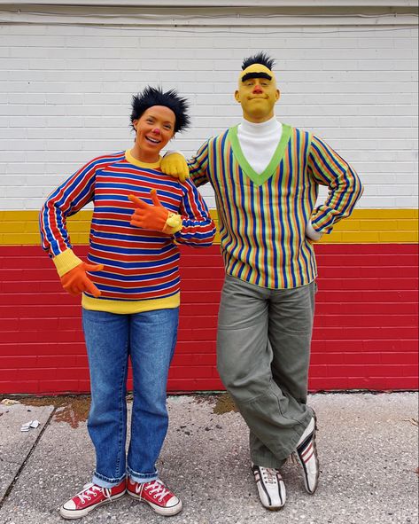 Bert Ernie Costume, Diy Bert And Ernie Costume, Sesame Street Costume Ideas, Bert And Ernie Halloween Costume, Ernie And Burt Costume, Sesame Street Costume Group, Easy Last Minute Halloween Costumes Men, Muppet Halloween Costumes, Sesame Street Family Costume