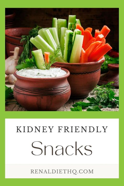 Are you struggling to find snacks that fit your renal diet? Maintaining a balanced diet is essential for individuals with chronic kidney disease (CKD) as it helps reduce the risk of further damage to the kidneys.  However, snacking can be challenging for those following a renal diet due to restrictions on sodium, potassium, and protein intake. But don't worry, there are kidney-friendly snack options available that provide essential nutrients while keeping your dietary needs in check. Renal Diet Veggie Dip, Chronic Kidney Stage 3 Diet, Kidney Healthy Foods Renal Diet, Chronic Kidney Diet, Recipes For Kidney Patients, Recipes For Kidney Stone Diet, Kidney Friendly Dinner Recipes, Foods For Kidney Health Renal Diet, Diet For Kidney Health