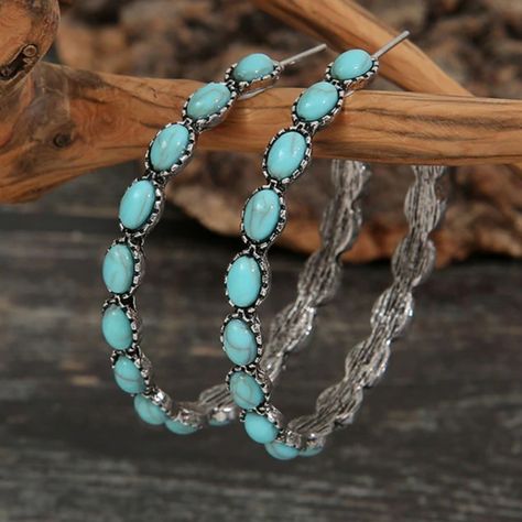 Women's Bohemian Western Style Turquoise Beaded Silver Boho Big Open Hoop Drop Earrings, New No Tags Pretty Accessory To Add A Fun Western Vibe To Any Outfit! Silver Colored Zinc Alloy Material Size Approx 1.8" Circumference Bundle This Item With Another 2/$30 Item In My Closet, And I Will Send You A $30 Offer On Both! There Are Hundreds Of Participating Items To Choose From. To Find These Items, Type Agfpsale In The Search Bar On Poshmark Or Click The Agfpsale Style Tag On This Listing! Check O Western Jewelry Earrings, Tourqouis Jewelry, Western Turquoise Jewelry, Cowgirl Earrings, Teal Jewelry, Beach Jewelry Boho, Western Turquoise, Cowgirl Accessories, Hoop Drop Earrings