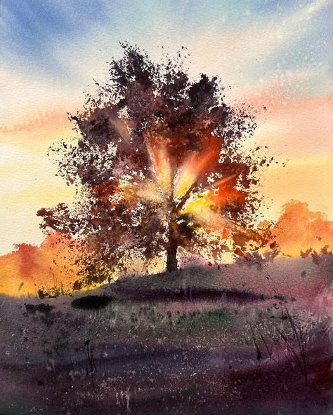 Eugenia Gorbacheva, Paintings Professional, Painting A Tree, St Cuthbert, Watercolor Art Landscape, Watercolour Landscape, 11th Grade, Watercolor Lessons, Painting Medium