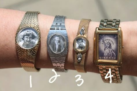 Watches with old photos Wire Jewelry Holder, Clock Jewelry, Recycled Watch, Diy Watch, Vintage Upcycle, Jewelry Recycled, Old Watch, Vintage Jewelry Ideas, Watch Ideas