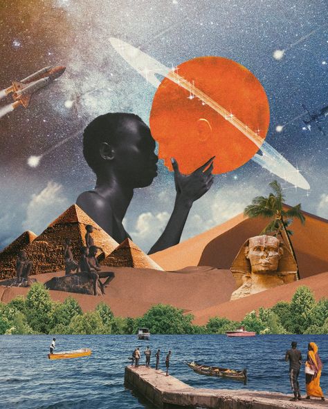 Afro Future Art, Afro Futurism City, Afrosurrealism Photography, Afro Futurism Graphic Design, Black Surrealism Art, Mixed Media Digital Art, Afrofuturism Collage, Afrofuturism Art Black Women, Afrofuturism Art Illustrations