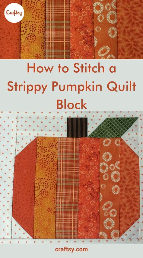 If you’re looking to make an adorable, totally one-of-a-kind project this fall, look no further. This scrappy, stash-busting pumpkin quilt block is made entirely of 1½”-wide strips. It comes together in a snap, and it’s perfect for autumn stitching. All you need now is a warm mug of homemade apple cider and the perfect fall afternoon is complete. Fall Pillow Quilt Patterns, Quilted Pumpkin Placemats, Fall Quilted Placemats Patterns Free, Basic Quilt Block Patterns, Free Fall Mug Rug Patterns, Fall Themed Quilt Patterns, Free Pumpkin Quilt Pattern, Fall Quilt Blocks Free Pattern, Pumpkin Table Runner Free Pattern