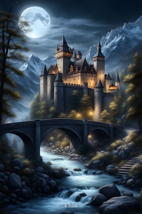 Embark on a journey through ancient fantasy realms with stunning digital depictions of castles nestled in mountainous landscapes, illuminated by the ethereal glow of the moon Moon Castle Fantasy Art, Castle Landscape Fantasy Art, Dark Magic Concept Art, Writing Concepts, Fantasy Castles, Large Houses, Night Landscape, Beautiful Night, Fantasy Castle