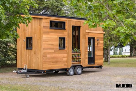 Baluchon Builds 20-foot Long Tiny House with Two Separate Loft Bedrooms – HomeCrux Tiny House Company, Tiny Home On Wheels, Cedar Cladding, Small Tiny House, Tiny House Builders, Tiny House Layout, Building A Tiny House, Home On Wheels, Family Of Three