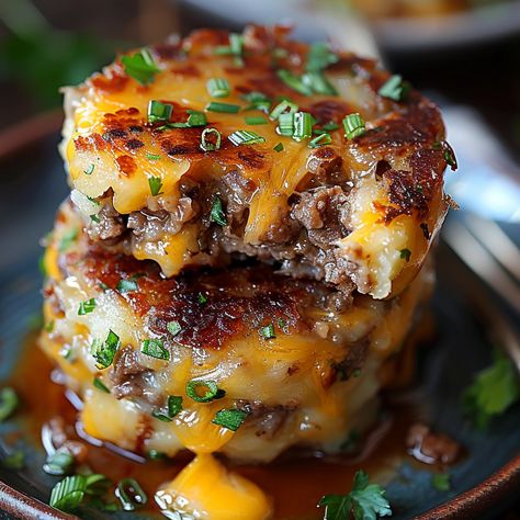 How to Make Cheesy Beef Stuffed Potato Cakes Cheesy Stuffed Potato Cakes, Beef Stuffed Potato Cakes, Loaded Mashed Potato Cakes, Cheesy Beef Stuffed Potato Cakes, Cheese Stuffed Potato Cakes, Stuffed Potato Cakes, Cheesy Bacon Potatoes, Hungry Man, Meat Cake