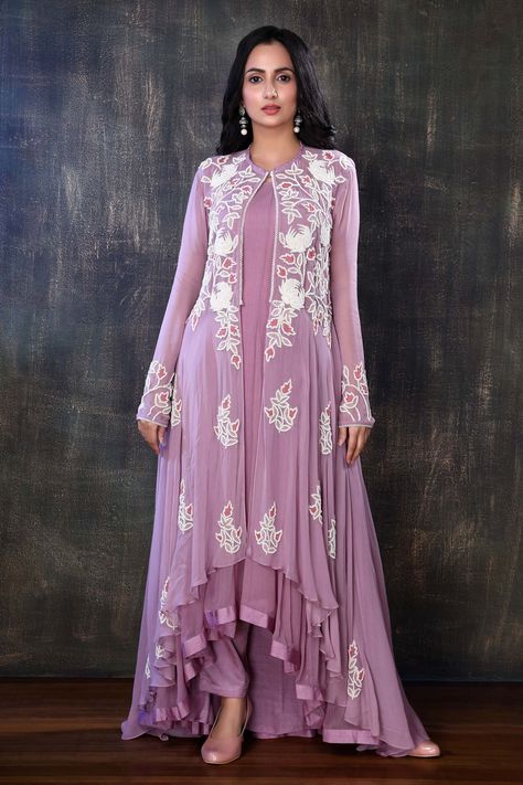 Shop for these amazing collections of Purple Georgette Embroidery Zardozi Open Jacket And Pant Set For Women by Preeti Jhawar online at Aza Fashions. Jacket Style Kurti Long With Pant, Jacket Style Kurti Long, Jacket Style Kurti, Embroidery Zardozi, Open Jacket, Fancy Dresses Long, Dress Design Patterns, Georgette Dress, Simple Pakistani Dresses