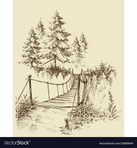 Tree House Drawing, Deer Tattoo Designs, Forest Sketch, Bridge Drawing, Landscape Pencil Drawings, Systems Art, Bridge Art, Pencil Sketch Images, Nature Sketch