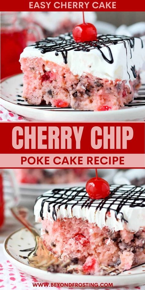 This cherry chip poke cake recipe is an easy dessert loaded with chocolate chips and topped with fluffy whipped cream and chocolate sauce. Easy Cherry Chip Cake, Cherry Cheesecake Poke Cake, Chocolate Covered Cherry Desserts, Cherry Chip Poke Cake, Cherry Chocolate Chip Cake, Pineapple Cherry Cake, Cherry Chocolate Cake Easy, Strawberry Chocolate Poke Cake, Cherry Coke Poke Cake