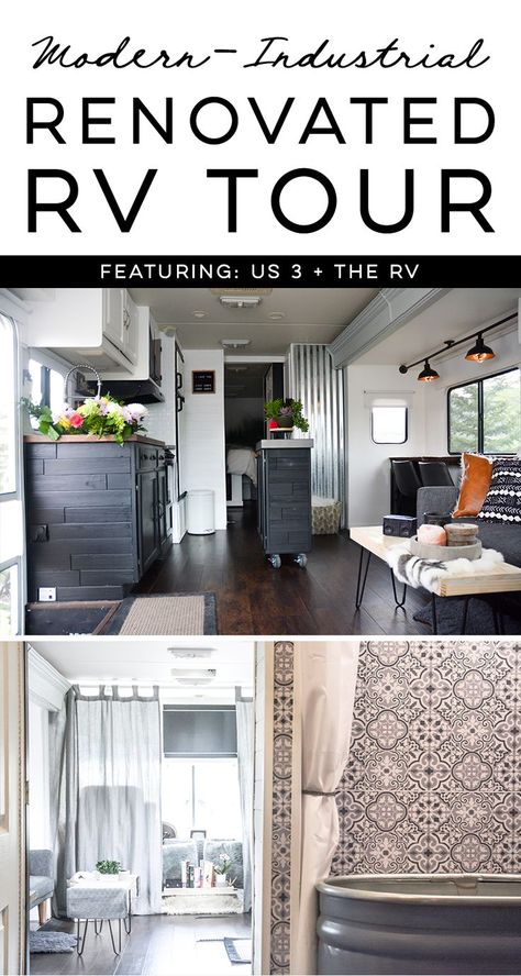 Tour this modern industrial RV Renovation from Us 3 + the RV! Featured on MountainModernLife.com Small Camper Interior, Rv Essentials, Rv Living Room, Small Camper, Camper Design, Camper Trailer Remodel, Rv Renovation, Caravan Renovation, Living Room Layout