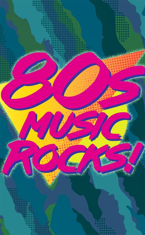 80s Music Rocks!: In the decade that witnessed the rise of yuppies and the beginning of the end of the Berlin Wall, the 1980s saw the emergence of dance music, new wave, glam metal, electro and other exciting musical genres. This flashy logo over an arty 80s background boldly declares that 80s music rocks. #70sMusic #ClassicRock Top Of The Pops 80s, 80s Posters Music, 1980s Culture, Classic Rock Aesthetic, 80s Background, Tiktok Pictures, 80s Pop Music, Fonts Retro, 80s Wallpaper