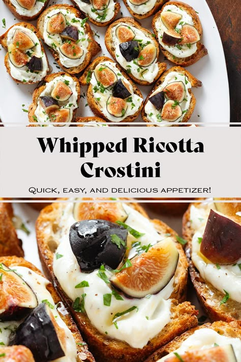 This Whipped Ricotta Crostini is the perfect appetizer for fall and winter and especially the holiday season! Creamy whipped ricotta is mixed with lemon, garlic, and hot honey, spread on crispy toasted baguette, and topped with fresh figs. It's easy to make into a big batch and it can be ready in just 20 minutes! Fig Ricotta Appetizer, Whipped Ricotta Crostini, Ricotta Crostini Appetizers, Whipped Ricotta Appetizer, Winter Finger Foods, Birthday Finger Foods, Fig Crostini, Baguette Appetizer, Boozy Tea