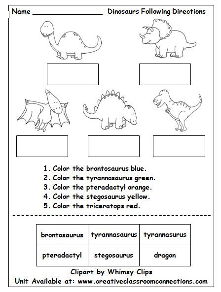 Dinosaur worksheet contains brief directions and cut and paste words. It provides a fun reading and science activity for primary students. A complete Dinosaur unit is available at: www.creativeclassroomconnections.com. Dinosaur Worksheets Kindergarten, Dinosaur Week, Dinosaur Worksheets, Dinosaur Lesson, Dinosaur Theme Preschool, Dinosaur Activities Preschool, Dinosaurs Preschool, Worksheets For Kindergarten, Science Activity