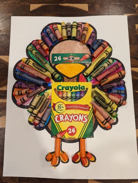 Years of hoarding restaurant crayons paid off for this kinder project! Disguised Turkey Project Kid Ideas, Turkey Ideas For School, What To Disguise A Turkey As, Turkey Disguise Project Crayon, Hide A Turkey Project Ideas Easy, Turkey In Disguise The Grinch, Not A Turkey Project For Kids, Crayon Turkey Disguise, Disguise A Turkey Preschool