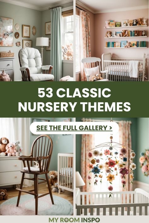 Explore 53 classic nursery themes featuring timeless designs, charming baby room decor and practical furniture ideas. Pin shows 4 images highlighting beautiful nursery styles. Richard Scarry Nursery, English Nursery Room, Classic Nursery Decor, Nursery Built Ins, Nursery Ideas Colors, Classic Nursery Ideas, Baby Bedding Ideas, Vintage Farmhouse Nursery, Storybook Nursery Theme