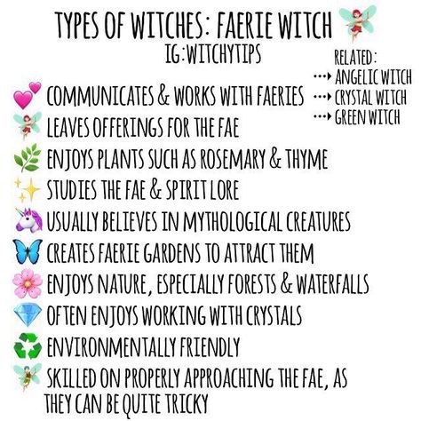 Tips for Witches Everywhere! ✨ on Instagram: “💕 FAERIE / FAE WITCHES 💕 These witches adore working with the faeries! They study them and are skilled at approaching them, as faeries can…” Faerie Witchcraft, Faerie Witch, Witches Runes, Types Of Witches, Types Of Witchcraft, Witch Things, Wiccan Tattoos, Witchy Tips, Witch Stuff