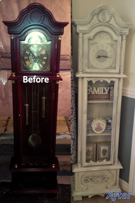 Grandfather Clock before and after.  Annie Sloan Chalk Paint in coco, duck egg, french linen, topped with old ochre, then clear waxed.  #ASCP #morethanpaint Check out my other projects! Grandfather Clock Makeover, Repurposed Grandfather Clock, Old Grandfather Clock, Clock Makeover, Grandmother Clock, Upcycled Furniture Before And After, Grandfather Clocks, Clock Painting, Clock Ideas