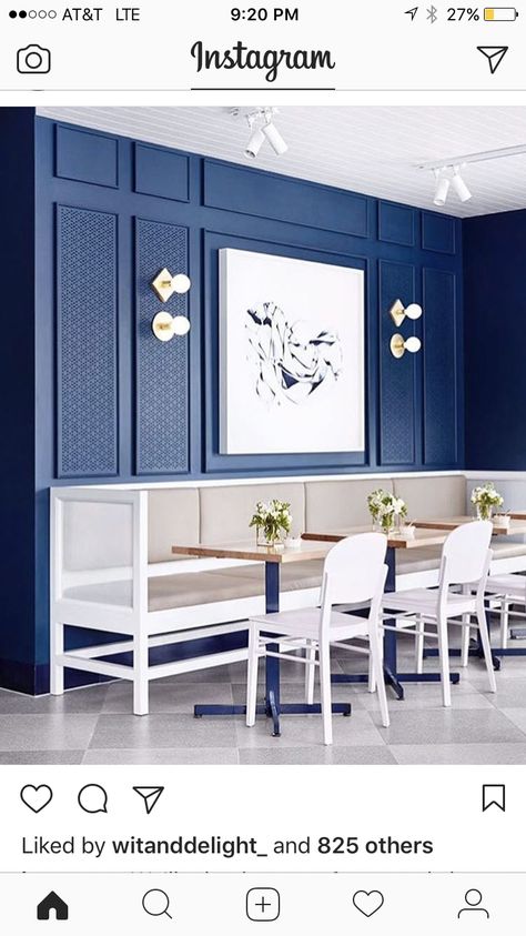 Exterior blue Blue Feature Wall, Blue Cafe, Trendy Interior Design, White Cafe, Decoration Restaurant, Urban Interiors, Banquette Seating, Design Room, Coffee Shop Design