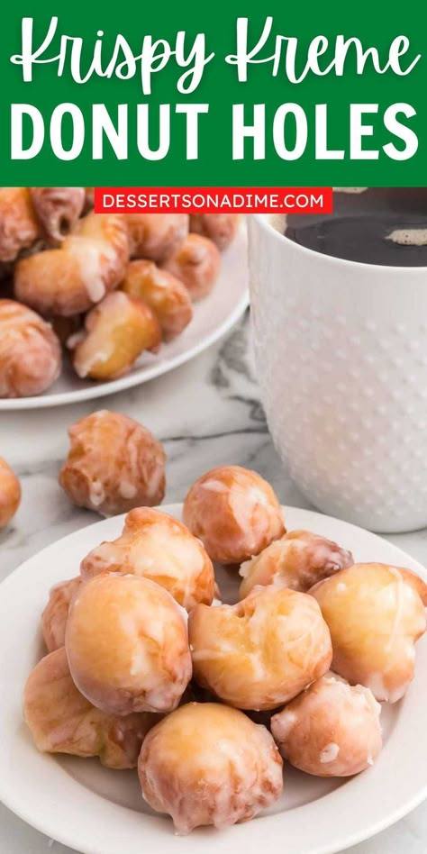 Learn how to make these soft and fluffy Krispy Kreme Donut Holes at home. This homemade copycat recipe is easy to make and so delicious. Skip the drive-thru and make these donut holes at home. #dessertsonadime #krispykremerecipes #copycatrecipes #donutholes Easy Donut Hole Recipe, Baked Doughnut Holes, Donut Hole Recipe Baked, Easy Donut Holes, Doughnuts Easy, Baked Donut Holes, Donut Hole Recipe, Doughnut Recipe Easy, Donut Calories