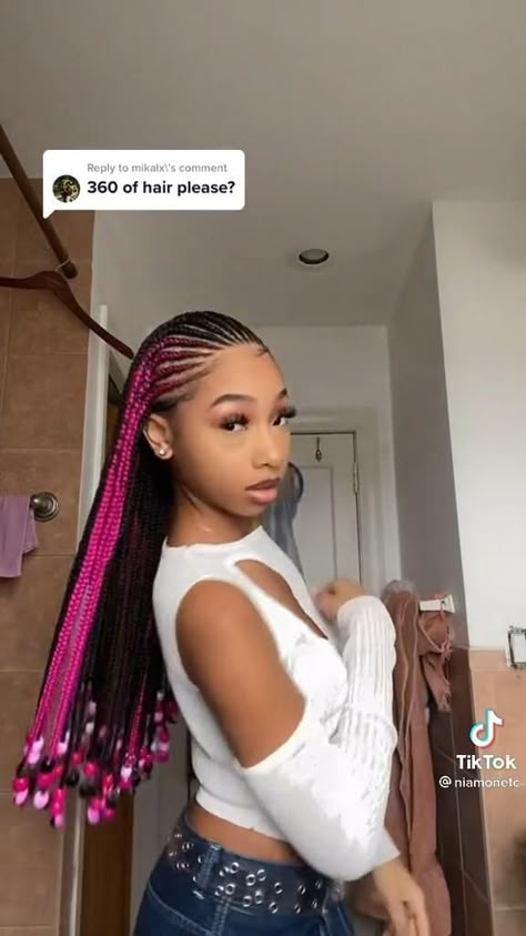 Pink braids Fulani Braids Pink And Black, Black And Pink Fulani Braids, Peekaboo Fulani Braids With Beads, Cornrow Fulani Braids, Pink And Black Braids Black Women, Braids With Pop Of Color, Black Girls Cornrow Hairstyles, How To Style Cornrows Braids, Braids Black And Pink