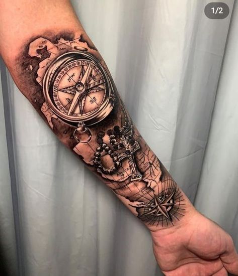 Compass And Map Tattoo, Nautical Tattoo Sleeve, Arm Tattoos For Guys Forearm, Sleeve Tattoos For Men, Map Tattoo, Half Sleeve Tattoos, Half Sleeve Tattoos Drawings, Pirate Tattoo, Men Tattoos Arm Sleeve