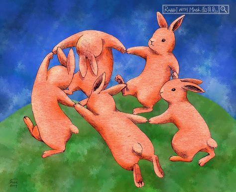 "dancing bunnies" | shae syu Henri Matisse Dance, Bunny Artwork, Dancing Animals, Art Alevel, Rabbit Illustration, Rabbit Painting, Art Parody, Rabbit Art, Bunny Art