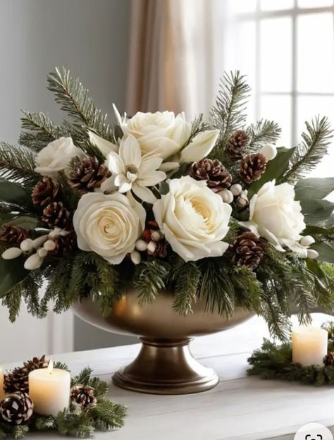 Neutral Christmas Floral Arrangement, Winter Flowers Arrangements, December Floral Arrangements, Christmas Fake Flower Arrangements, Elegant Christmas Floral Arrangements, Christmas Floral Ideas, Winter Arrangements Floral Design, Christmas Decor Ideas Green, Christmas Flower Arrangements Ideas