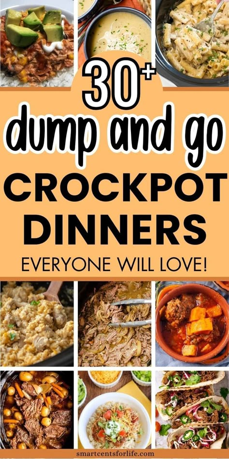 image with many crockpot dinner ideas and mentioning 30_ dump and go crockpot dinners Dump Dinners Crock Pots, Dump Crockpot Recipes, Dump And Go Crockpot Recipes, Potluck Comfort Food, Poor Mans Recipes, Easy Crockpot Dump Meals, Slow Cooker Dump Meals, Crockpot Dump Meals, Slow Cooker Pork Chops Recipes