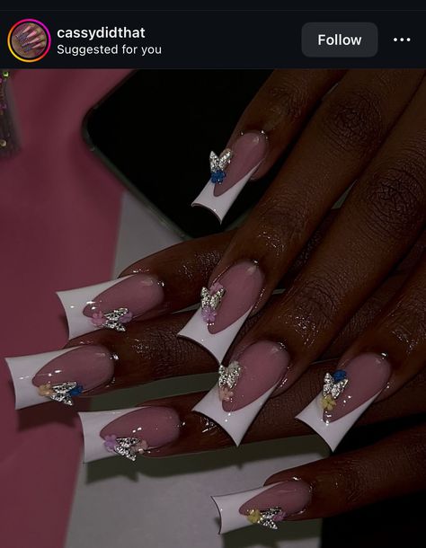 Nail White French, Y2k Baddie Aesthetic, Nail Butterfly, Butterfly Simple, Palm Nails, Nail White, French Tip Design, Duck Feet, 3d Flower Nails