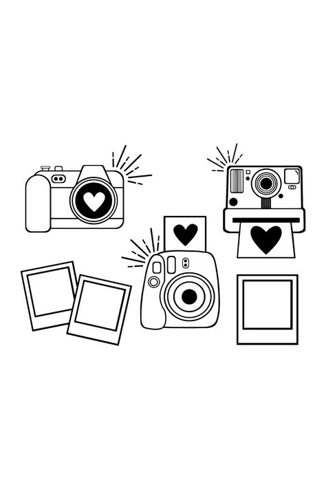 Vintage Cameras SVG Polaroid Tattoo Design, Instant Camera Aesthetic, Digital Camera Drawing, Polaroid Camera Drawing, Photography Doodle, Vintage Camera Aesthetic, Camera Collage, Camera Outline, Polaroid Stickers