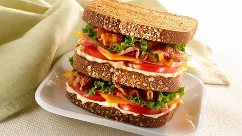 Chicken And Bacon Sandwich, Cold Sandwich Recipes, Pizza Sandwich Recipe, Creamy Mashed Cauliflower, Multi Grain Bread, Rotisserie Chicken Breast, Honey Ham, Cold Sandwiches, Honey Baked Ham