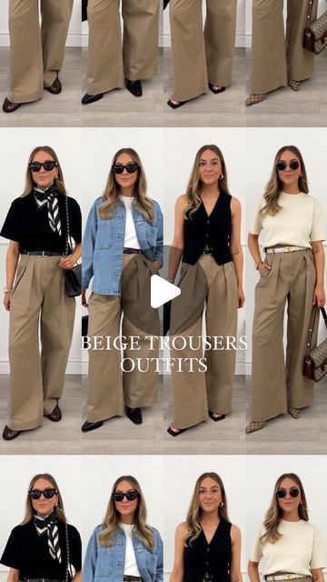 Stacie Elsmore on Instagram: "7 ways to style beige trousers 👉🏻 Which look is your favourite? 🖤
The trousers of the season: A chino style trouser is perfect for going into Spring. They’re fresh, easy to wear and work so well with simple, staple pieces. 

These ones are @hm- I’ll link everything over on my LTK & March Highlight ❤️" How To Style Beige Trousers, Beige Trousers Outfit, Colored Pants Outfits, Trouser Outfit, Beige Pants, Chinos Style, Colored Pants, Sand Color, Staple Pieces