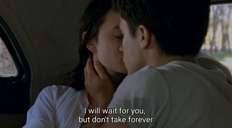 Film Stills Love, Love Quotes In Movies, Romantic Quotes From Movies, Romantic Movie Quotes Aesthetic, Romantic Film Quotes, Motorcycle Diaries, I Will Wait, My Kind Of Love, Film Quotes